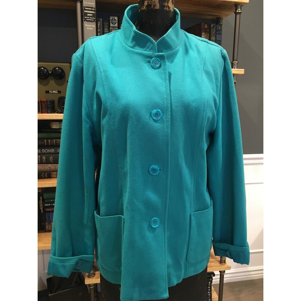 Turquoise, Blue-Green, Blazer, Closed Neck, Standing Collar, Long Sleeve,